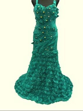 Putros Couture MNM Couture Teal Floral Appliqué Embellished Gown